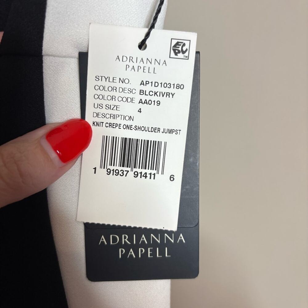 NWT Adrianna Papell One Shoulder Crepe Jumpsuit Black Ivory Stripe Size 4 - Picture 7 of 9